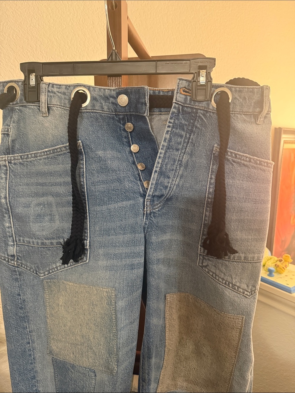 Free People Moxies Light Wash Patchwork Jeans with Black Rope Drawstring NO TAGS